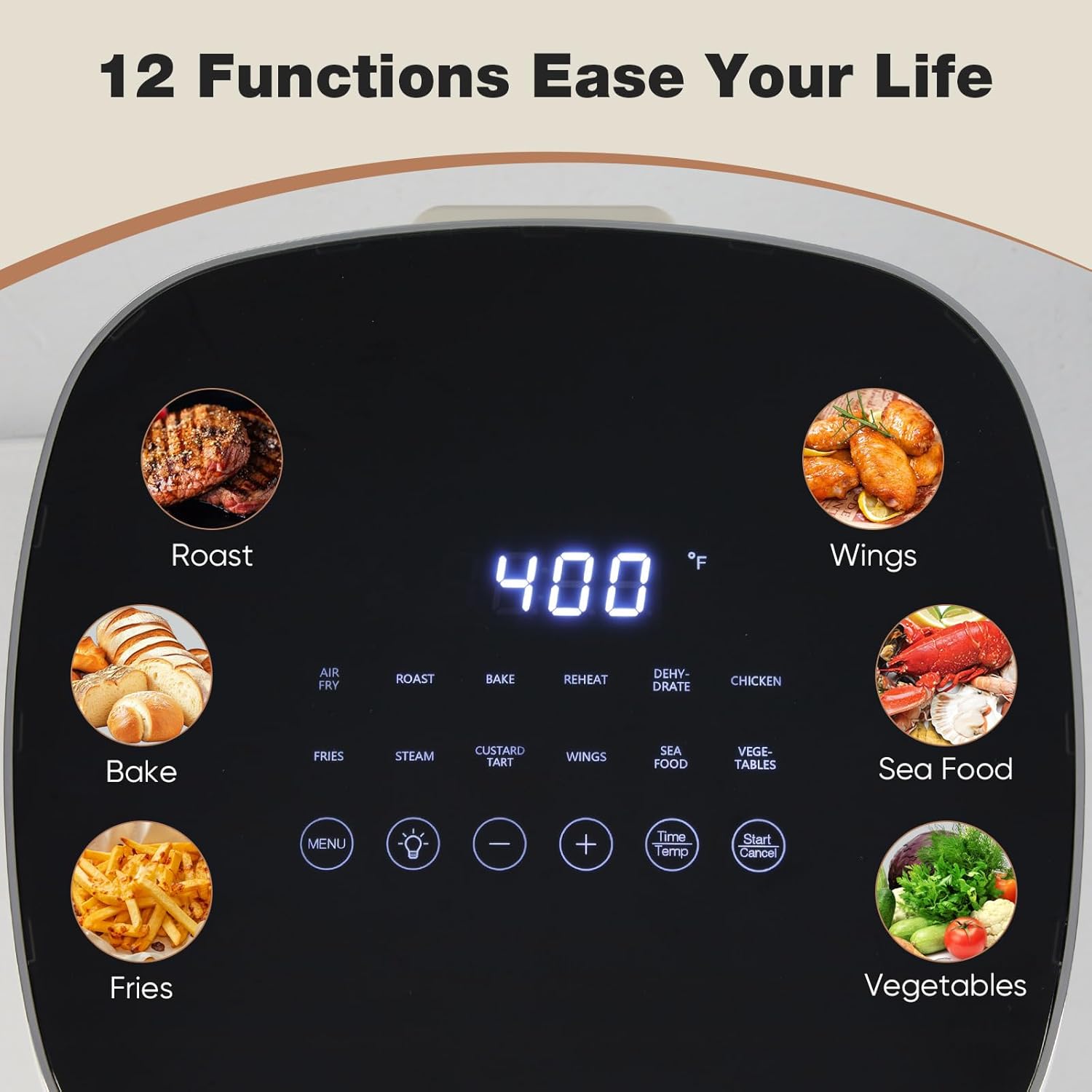 Air Fryer 6 Quart with Window Square Air Fryer 12-in-1 Air Fry, Roast, Reheat, Dehydrate, Bake, Steam, Fries, Custard, Chicken, Wings, Sea Food, Vegetabels,400F