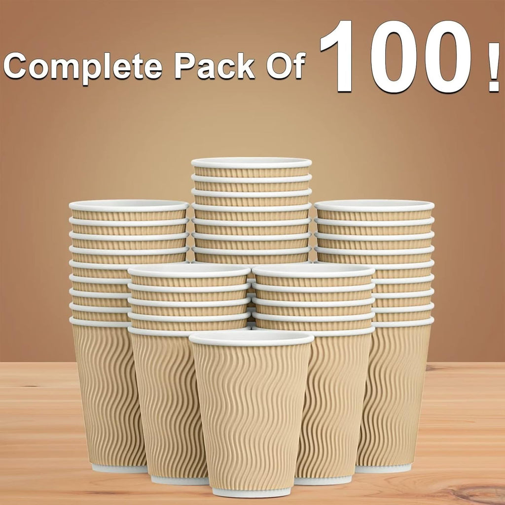 Hot Paper Cups_12 oz Disposable Insulated Corrugated Sleeve Ripple Wall Paper Cup 100 pcs,12oz Cups for Drink，Hot Coffee Cups