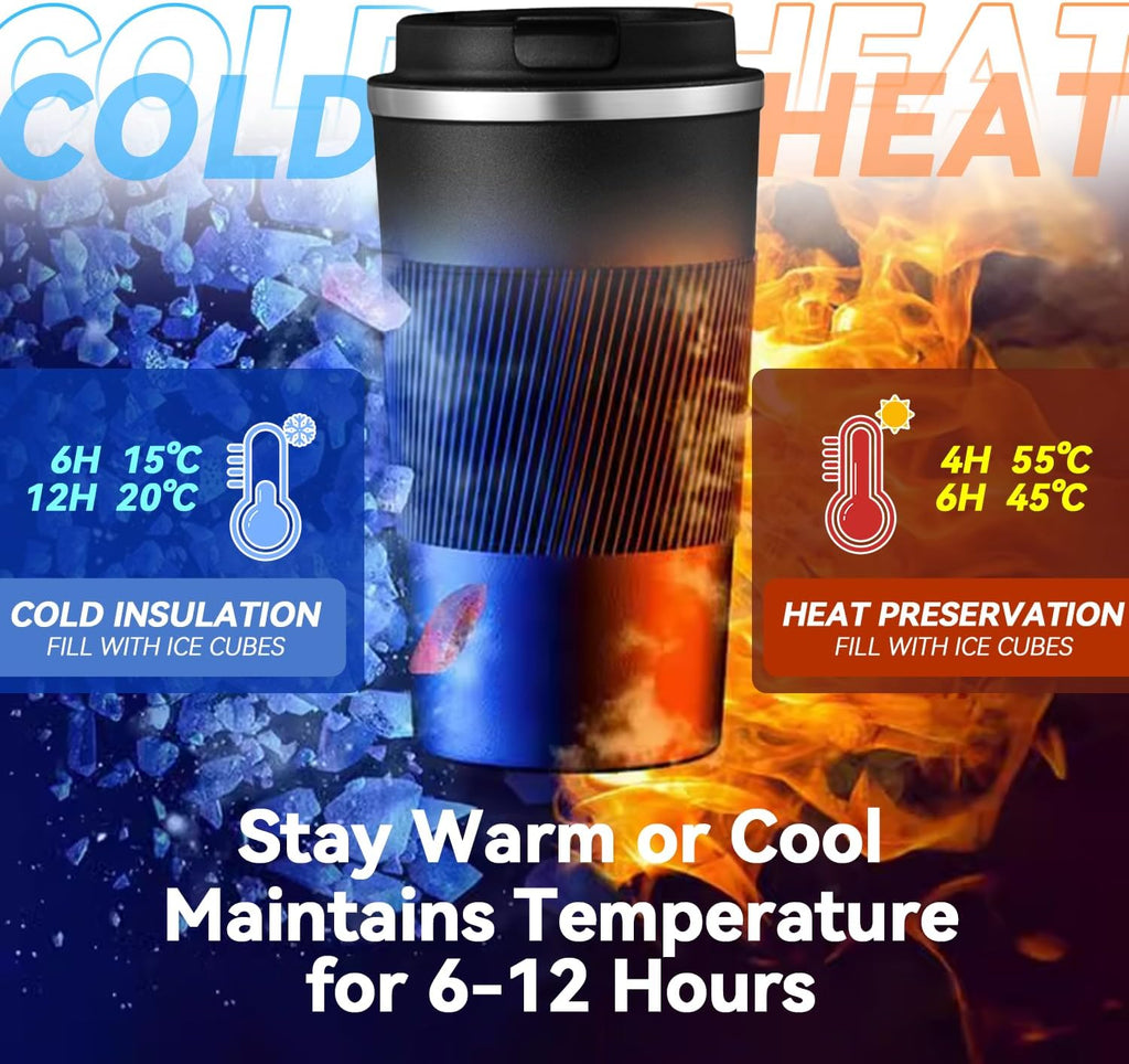 12OZ Travel Coffee Mug Insulated Coffee Cup with Spill Leak Proof Lid, Portable Stainless Steel Tumbler Reusable Hot and Cold Water Mug for Car, Daily, Camping-Black