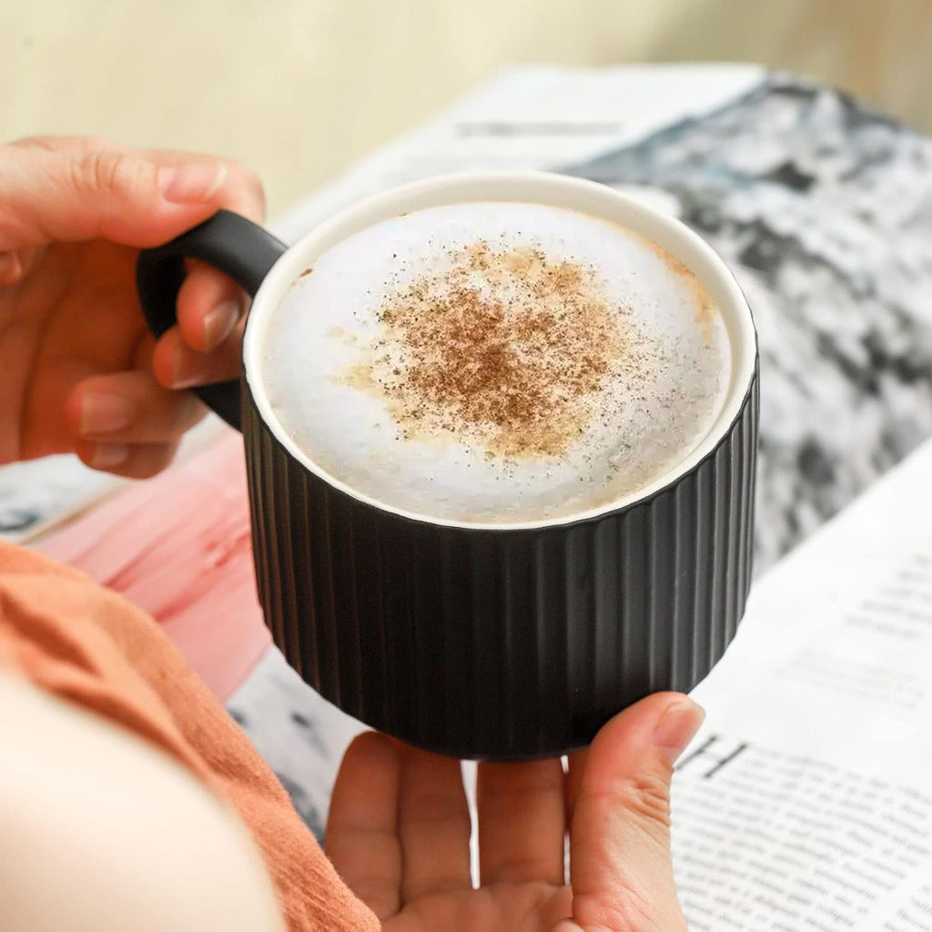Coffee Mug Ceramic Set of 4 with Stand - 15 oz Stackable Large Porcelain Ribbed Latte Cup Set for Cappuccino, Tea, Hot Cocoa, Drinks - Dishwasher & Microwave Safe, Black