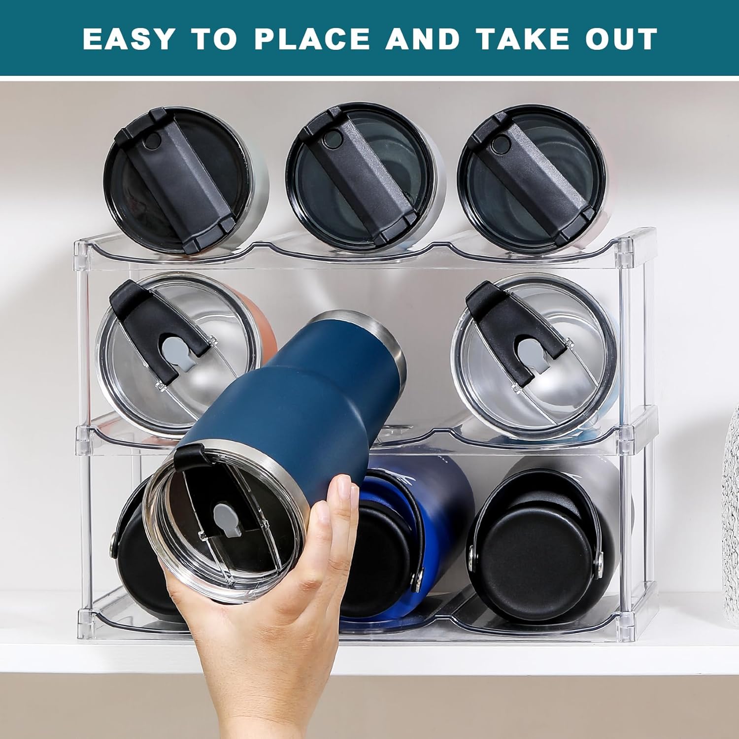 Compartment - Stackable Water Bottle Organizer Holder - for Stanley & Others' Large Tumbler - Clear Wine Rack, Cup Bottle Holder for Cabinet Home Countertop Fridge Pantry Shelf, 3 Tier Hold 9