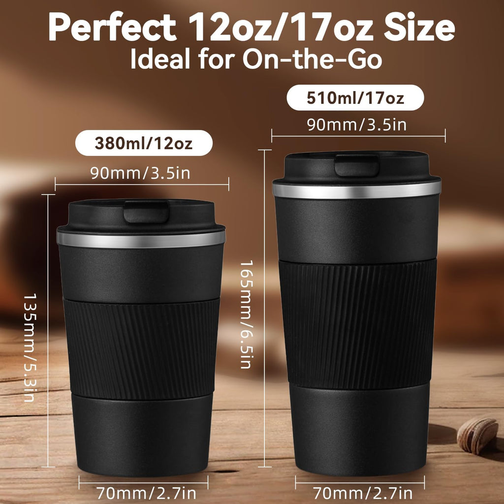 12OZ Travel Coffee Mug Insulated Coffee Cup with Spill Leak Proof Lid, Portable Stainless Steel Tumbler Reusable Hot and Cold Water Mug for Car, Daily, Camping-Black