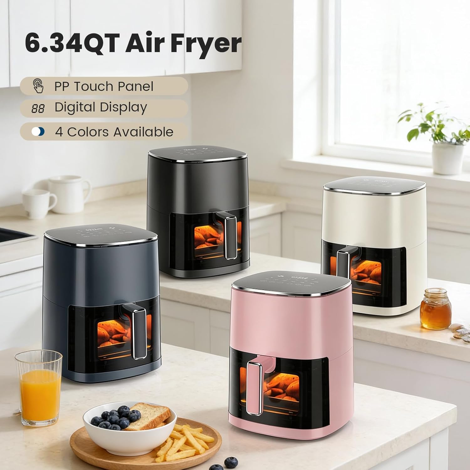 6QT Air Fryer with Window, Square Airfryer Oven 12-in-1 for Family, 400°F Rapid Air Crispy Technology, Roast Bake Dehydrate, Nonstick & Easy-Clean Basket