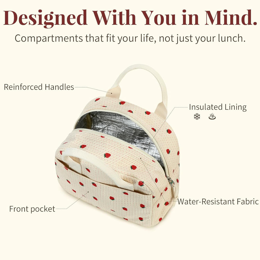 Insulated Strawberry Lunch Bag for Women, Stylish Corduroy Tote with Aluminum Lining, Large Capacity Reusable Cooler for Work, Travel, Beach or Picnic, Beige Cream Water-Resistant Lunch Box