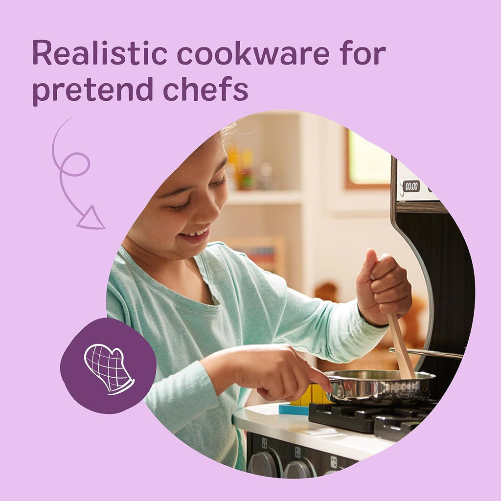 Stainless Steel Pots & Pans, 8 Piece Play Kitchen Set, Premium Play Kitchen Accessories & Cooking Utensils, Preschool Toys for Kids 3+