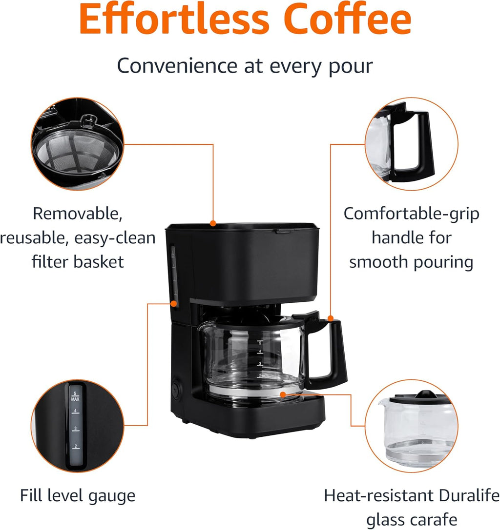 5 Cup Drip Coffee Maker with Glass Coffee Pot (0.8 Qt), Auto Shut-off, Auto Pause, Removable Filter Basket, Matte Black