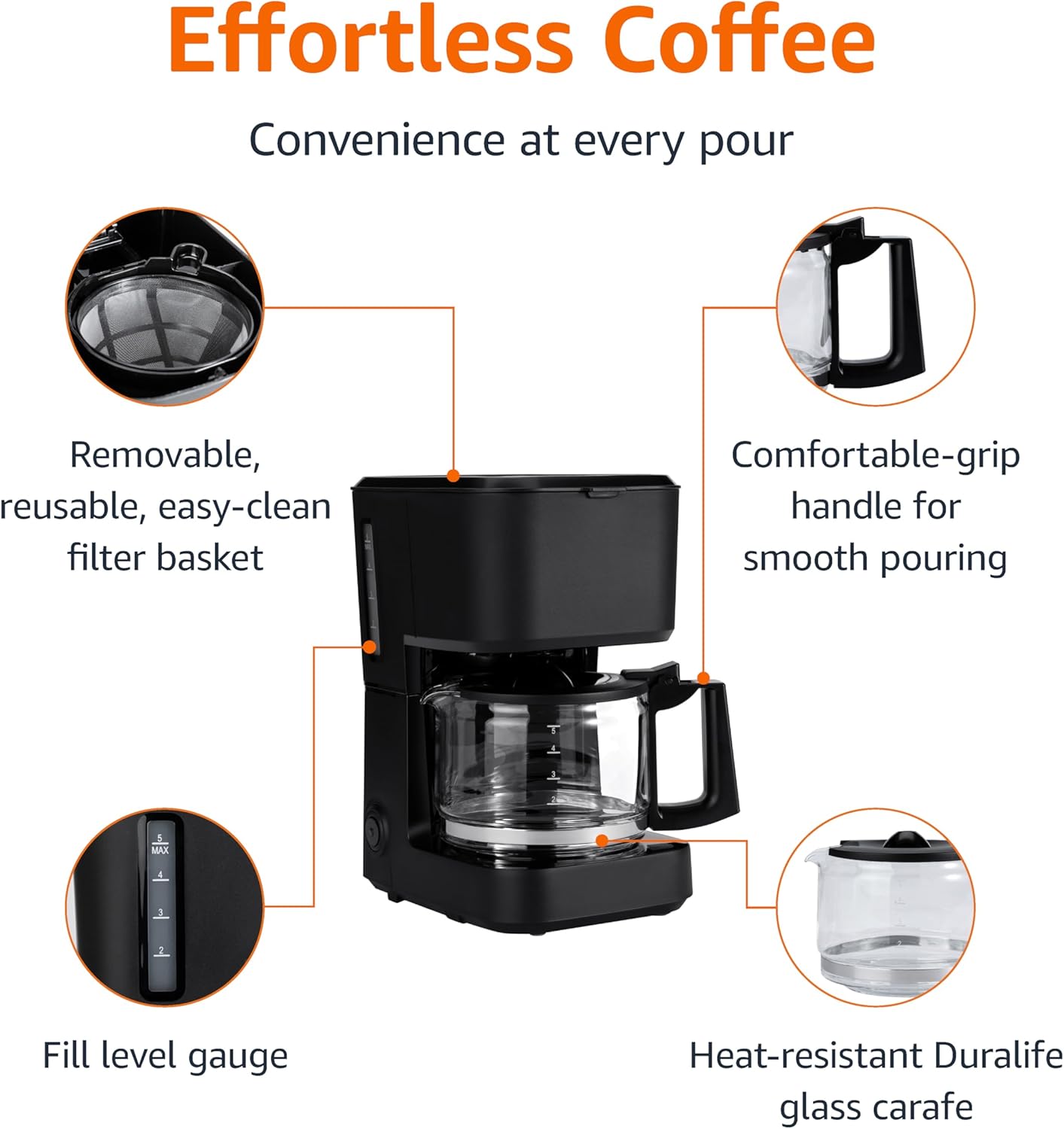 5 Cup Drip Coffee Maker with Glass Coffee Pot (0.8 Qt), Auto Shut-off, Auto Pause, Removable Filter Basket, Matte Black