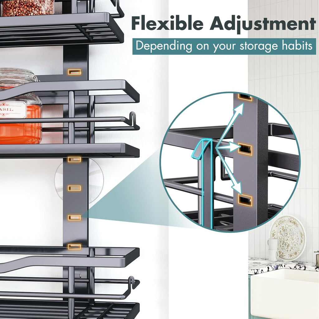 Over The Door Pantry Organizer，9-Tier Over The Door Organizer with Adjustable Basket，Metal Hanging Pantry Organizers and Storage for Kitchen, Back of Door Seasoning Rack