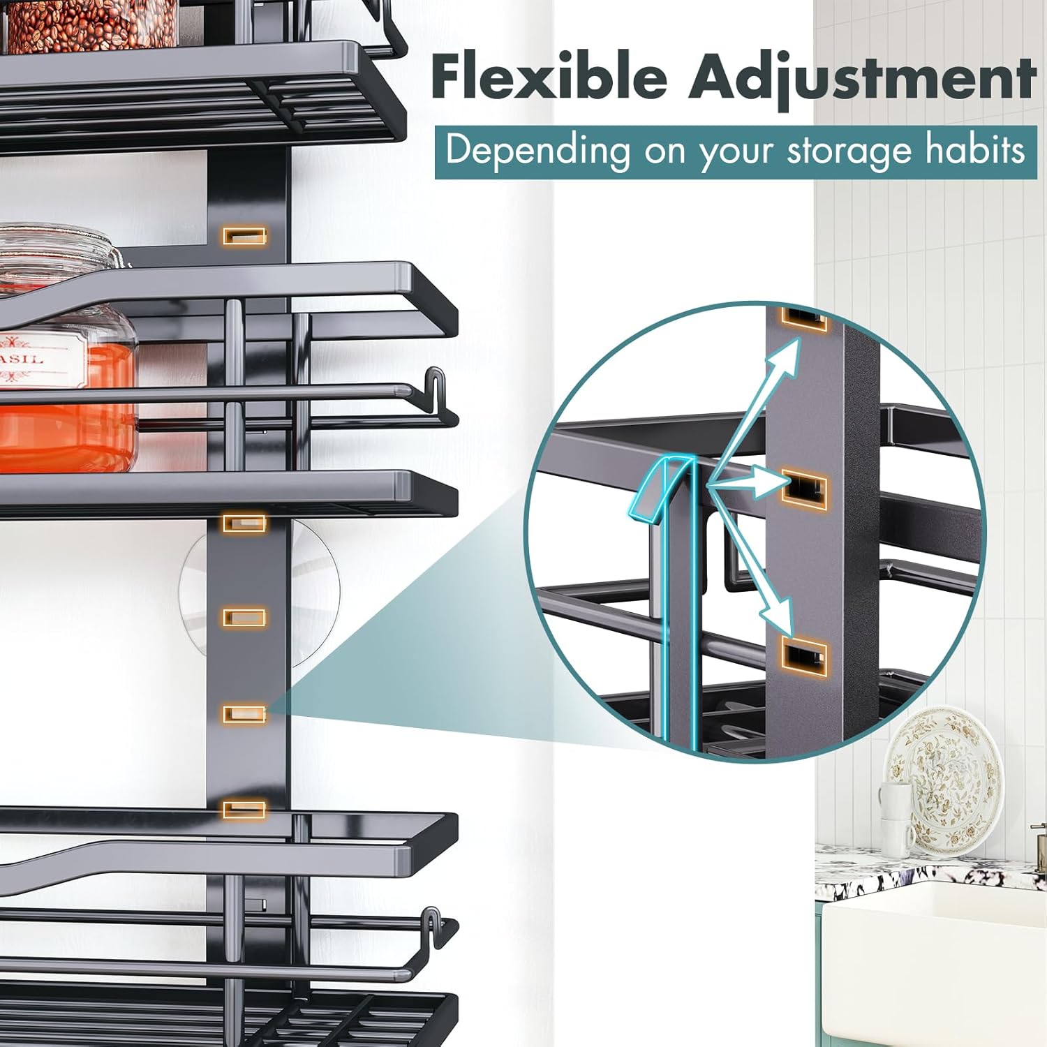 Over The Door Pantry Organizer，9-Tier Over The Door Organizer with Adjustable Basket，Metal Hanging Pantry Organizers and Storage for Kitchen, Back of Door Seasoning Rack