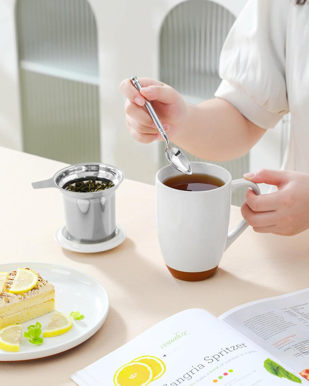 Ceramic Tea Mug with Lid and Stainless Steel Infuser, 18 oz Large Tea Cup for Loose Leaf Tea, Heat-Resistant, Microwave & Dishwasher Safe, Speckled Glaze Coffee & Tea Brewer Mug, Khaki White