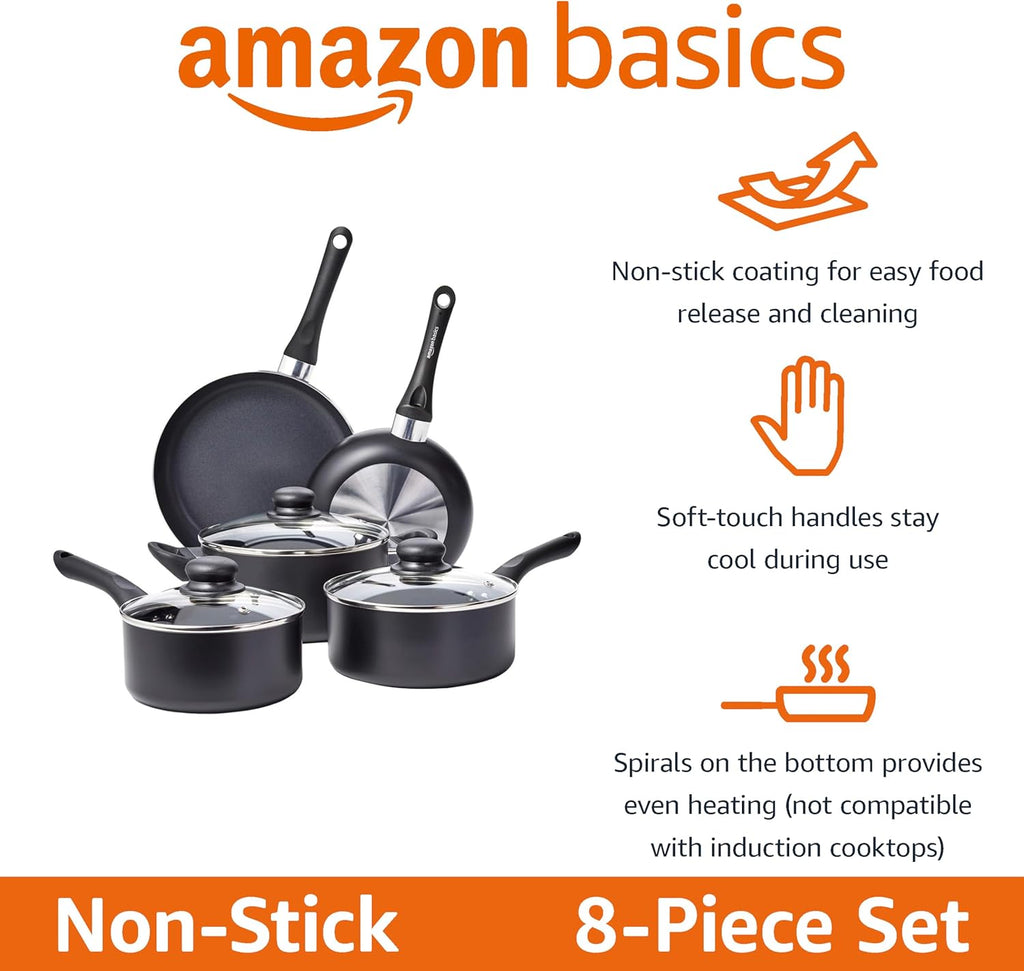 Non-Stick Kitchen Cookware 8-Piece Set, Non-Induction, Includes Pots and Pans, Black