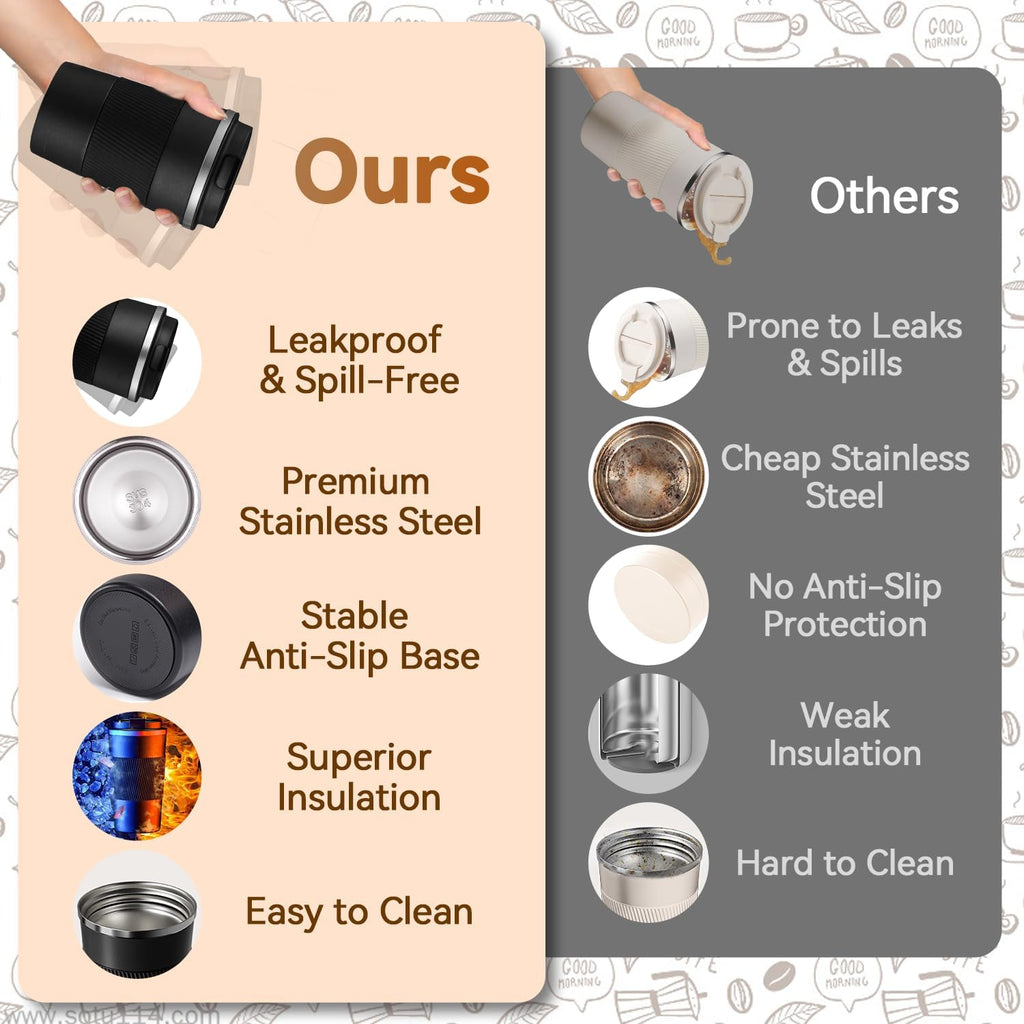 12OZ Travel Coffee Mug Insulated Coffee Cup with Spill Leak Proof Lid, Portable Stainless Steel Tumbler Reusable Hot and Cold Water Mug for Car, Daily, Camping-Black