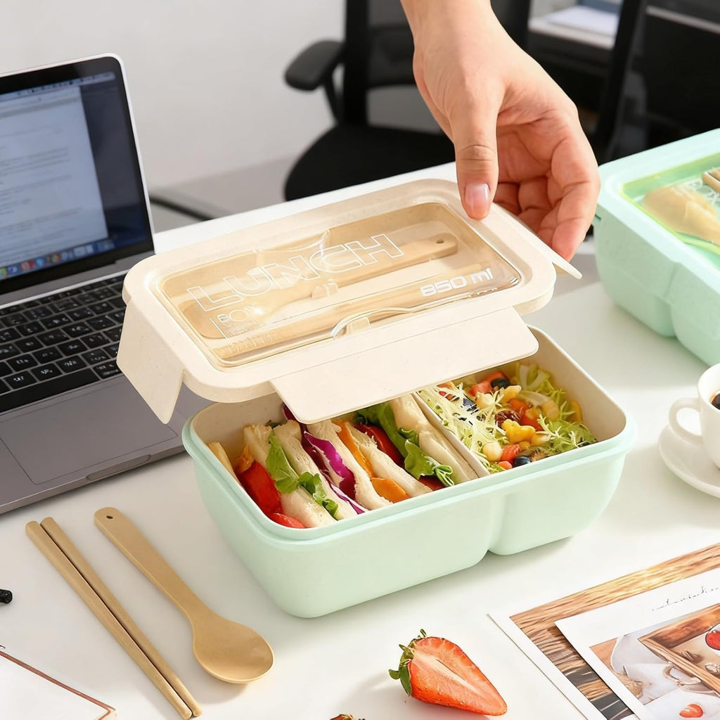 850ml Divided Lunch Box – Portable Large Capacity Microwave Bento Box with Fork & Spoon, Leakproof Food Storage Container for School, Office, Camping