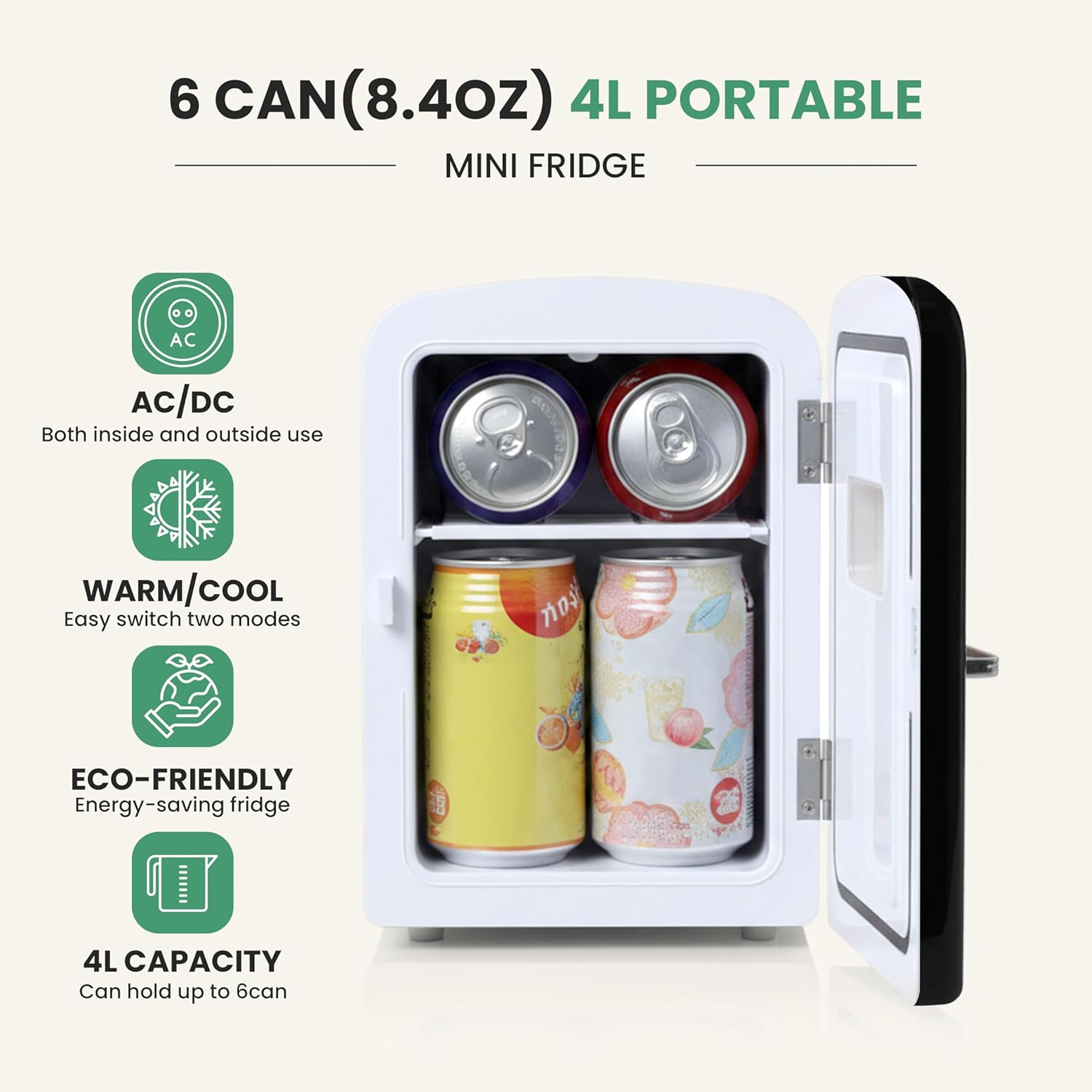 Simple Deluxe Mini Fridge with Viewing Window, 4L/6 Can Portable Cooler & Warmer, Freon-Free Small Refrigerator for Skincare, Drinks, Snacks & Cosmetics