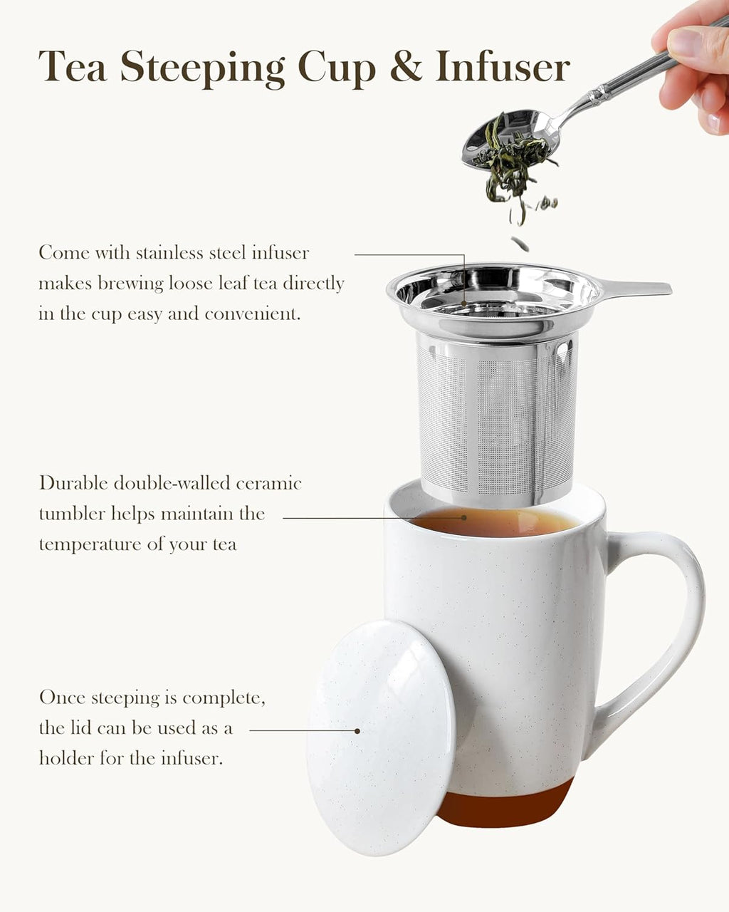 Ceramic Tea Mug with Lid and Stainless Steel Infuser, 18 oz Large Tea Cup for Loose Leaf Tea, Heat-Resistant, Microwave & Dishwasher Safe, Speckled Glaze Coffee & Tea Brewer Mug, Khaki White