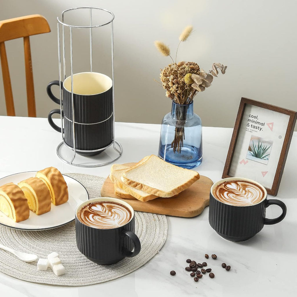 Coffee Mug Ceramic Set of 4 with Stand - 15 oz Stackable Large Porcelain Ribbed Latte Cup Set for Cappuccino, Tea, Hot Cocoa, Drinks - Dishwasher & Microwave Safe, Black