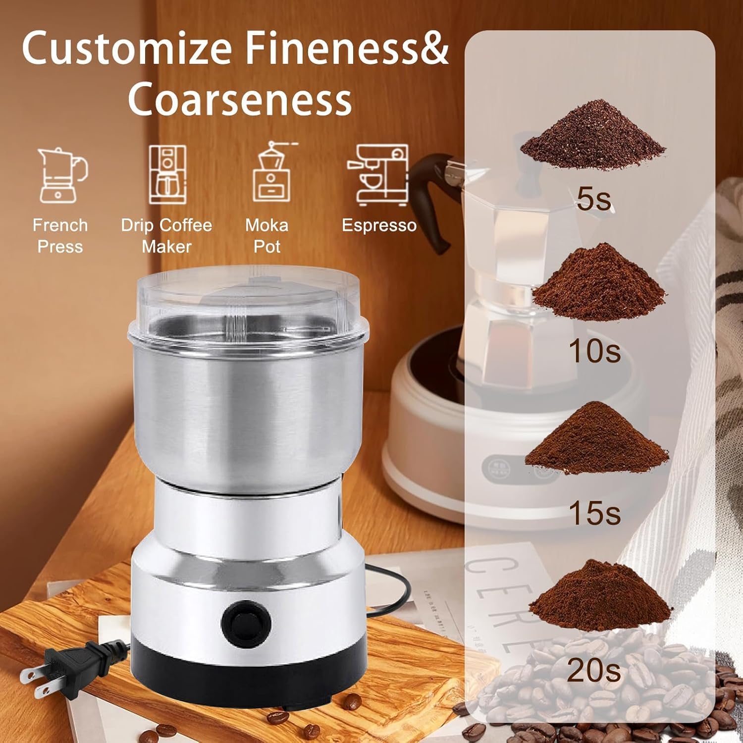Spice Grinder, 150W Powerful Electric Coffee Bean Grinder with 4 Blades, 300ml Multi Function Mini Dry Grain Mill for Grain Nuts Seasoning Coffee Beans Spices