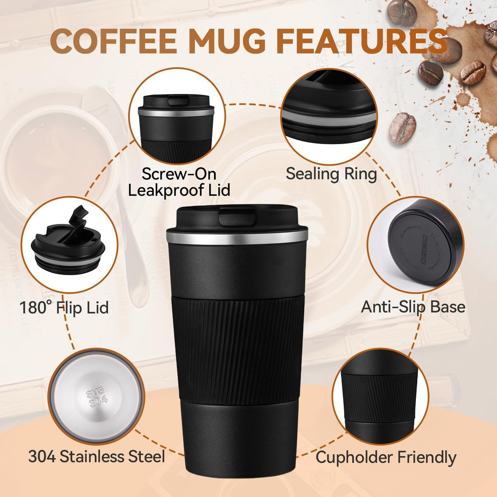 12OZ Travel Coffee Mug Insulated Coffee Cup with Spill Leak Proof Lid, Portable Stainless Steel Tumbler Reusable Hot and Cold Water Mug for Car, Daily, Camping-Black