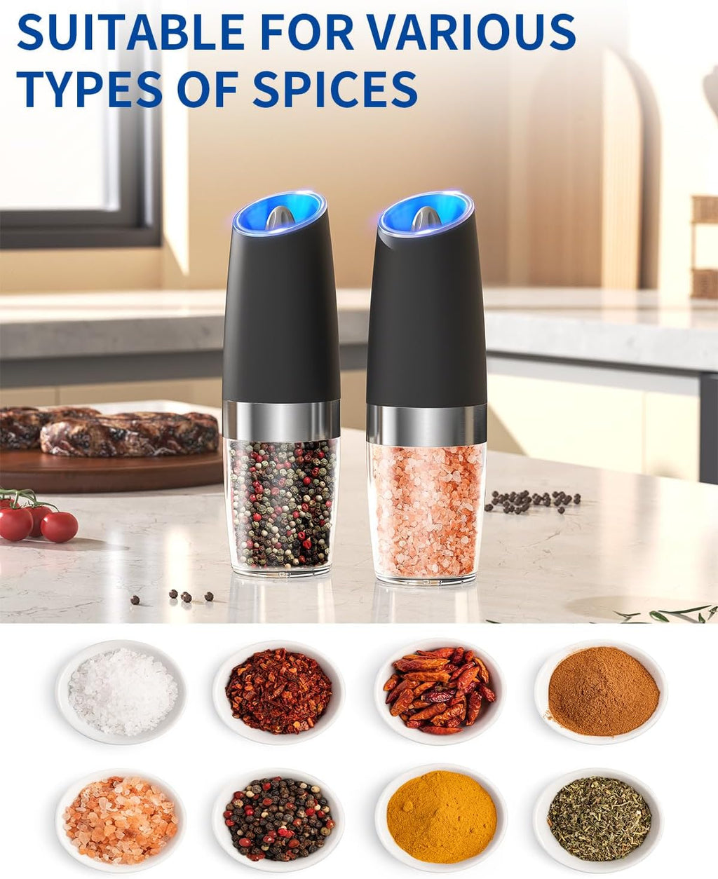 Gravity Electric Salt and Pepper Grinder Set Automatic Salt and Pepper Grinder Set with LED Light, Battery Operated, Adjustable Coarseness, Large Capacity, for Home Kitchen BBQ, Black