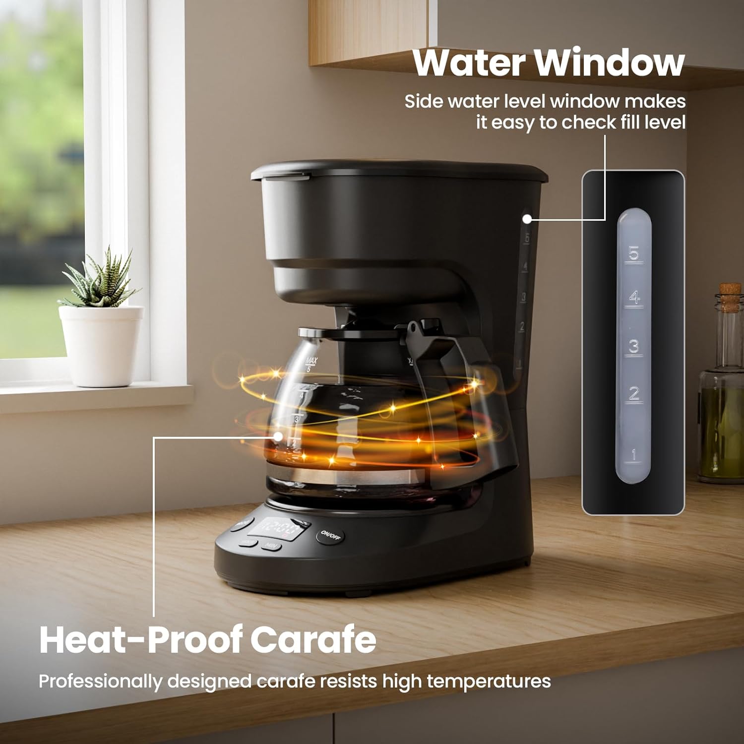 5-Cup Drip Coffee Machine with LED Display, Small Coffee Maker with Anti-Drip, Timer, Auto Shut-Off, Dry-Boil Protection, Removable Funnel, Compact, Ideal for Home & Office