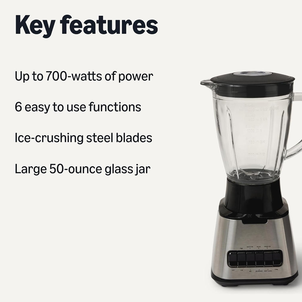 Powerful 700W Countertop Blender with 6-Cup (50 Fl. Oz) Glass Jar, 6 Pre-Programmed Functions, Ice Crush, Stainless Steel Blades, Black & Silver