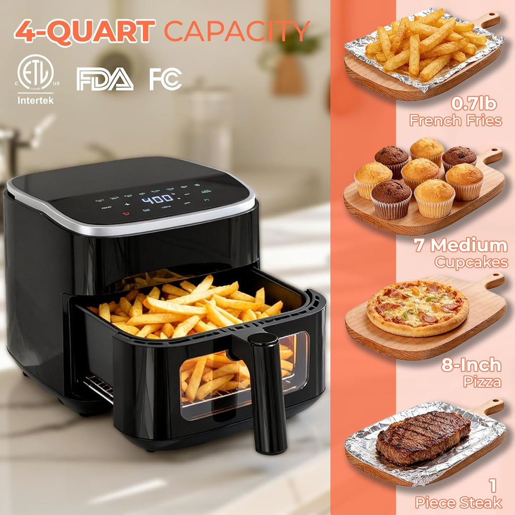 Air Fryer，4QT Small AirFryer with Easy View Window and Interior Light, Digital Touchscreen with 8 Presets for Custom Cooking, Nonstick and Dishwasher Safe Basket