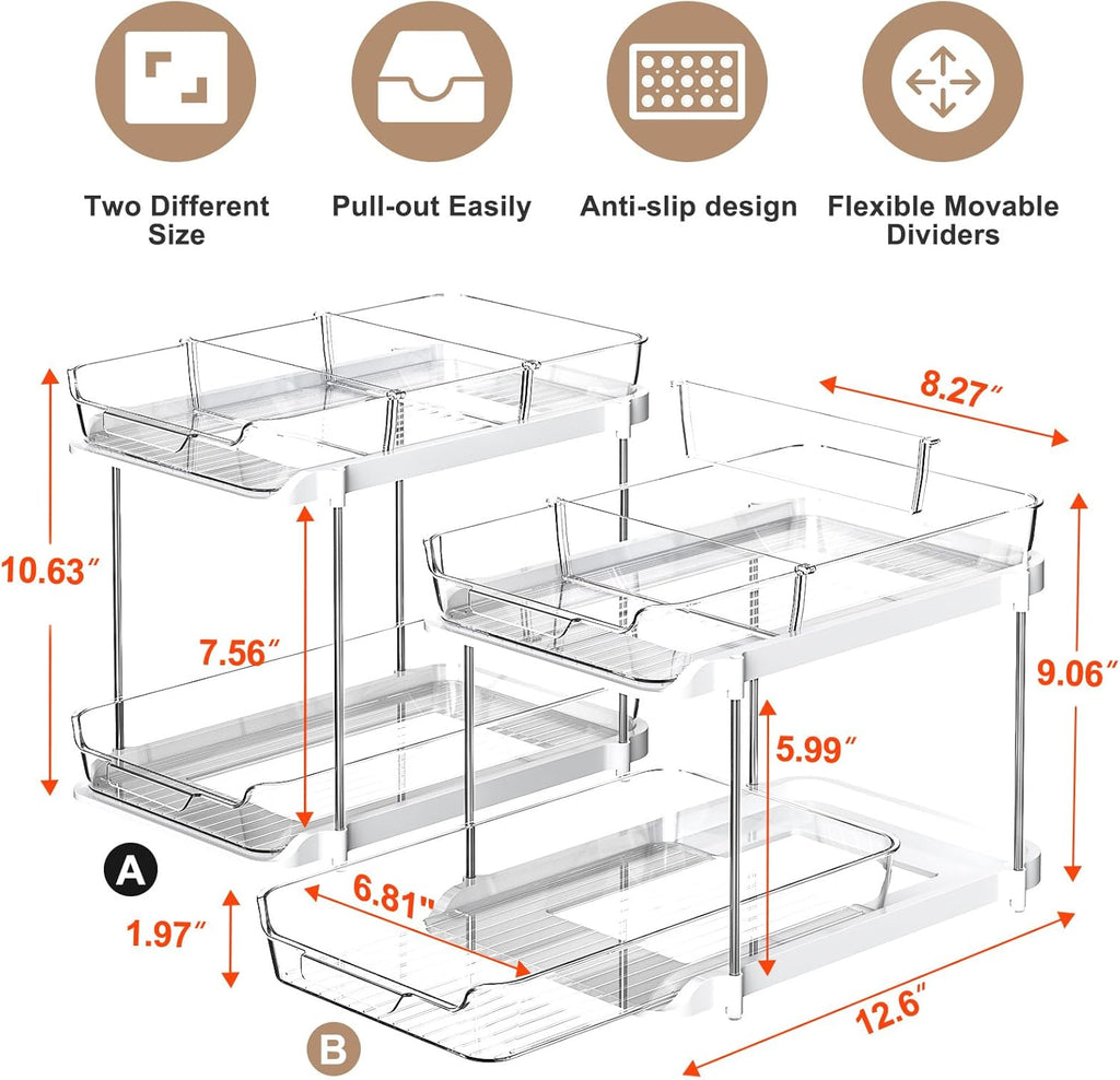 2-Tier Multi-Purpose Bathroom Under Sink Organizers and Storage, Stackable Kitchen Pantry Organization, Pull Out Medicine Cabinet Organizer with Movable Dividers, White, 2 Pack