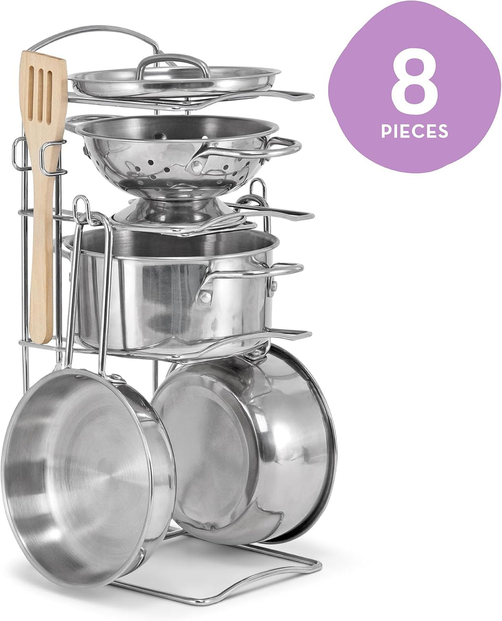 Stainless Steel Pots & Pans, 8 Piece Play Kitchen Set, Premium Play Kitchen Accessories & Cooking Utensils, Preschool Toys for Kids 3+