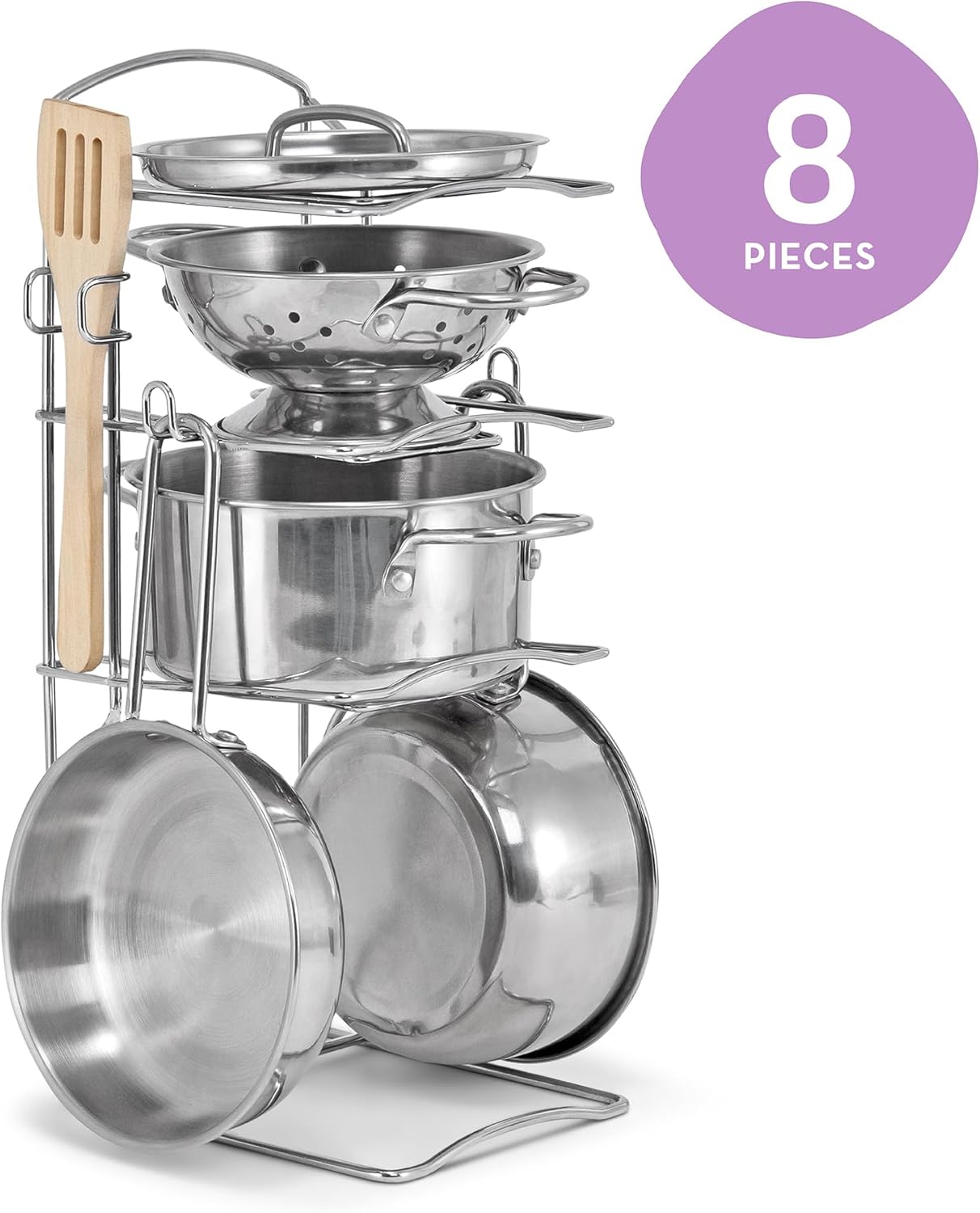 Stainless Steel Pots & Pans, 8 Piece Play Kitchen Set, Premium Play Kitchen Accessories & Cooking Utensils, Preschool Toys for Kids 3+