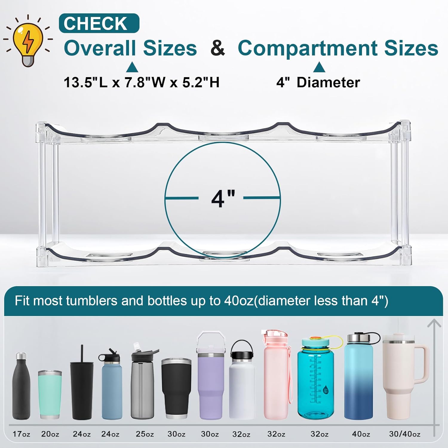 Compartment - Stackable Water Bottle Organizer Holder - for Stanley & Others' Large Tumbler - Clear Wine Rack, Cup Bottle Holder for Cabinet Home Countertop Fridge Pantry Shelf, 3 Tier Hold 9