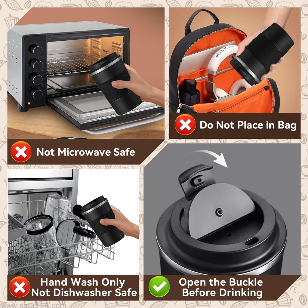 12OZ Travel Coffee Mug Insulated Coffee Cup with Spill Leak Proof Lid, Portable Stainless Steel Tumbler Reusable Hot and Cold Water Mug for Car, Daily, Camping-Black