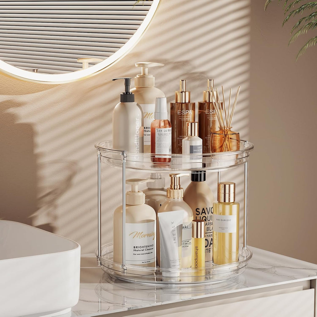 2 Tier Lazy Susan Turntable Organizer 9.25'' Rotating Spice Rack Organization for Cabinet, Kitchen, Pantry, Countertop, Bathroom, Vanity, Medicine Cabinet Organizer, Clear