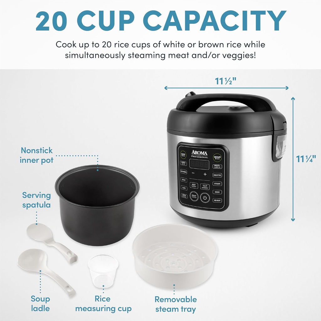 Housewares Professional Plus ARC-5000SB 20 Cup (Cooked) Digital Rice Cooker, Food Steamer, Slow Cooker, Stainless Exterior/Nonstick Pot, Silver, Black, 10-cup uncooked/20-cup cooked