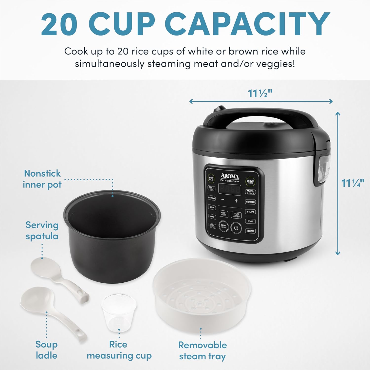 Housewares Professional Plus ARC-5000SB 20 Cup (Cooked) Digital Rice Cooker, Food Steamer, Slow Cooker, Stainless Exterior/Nonstick Pot, Silver, Black, 10-cup uncooked/20-cup cooked