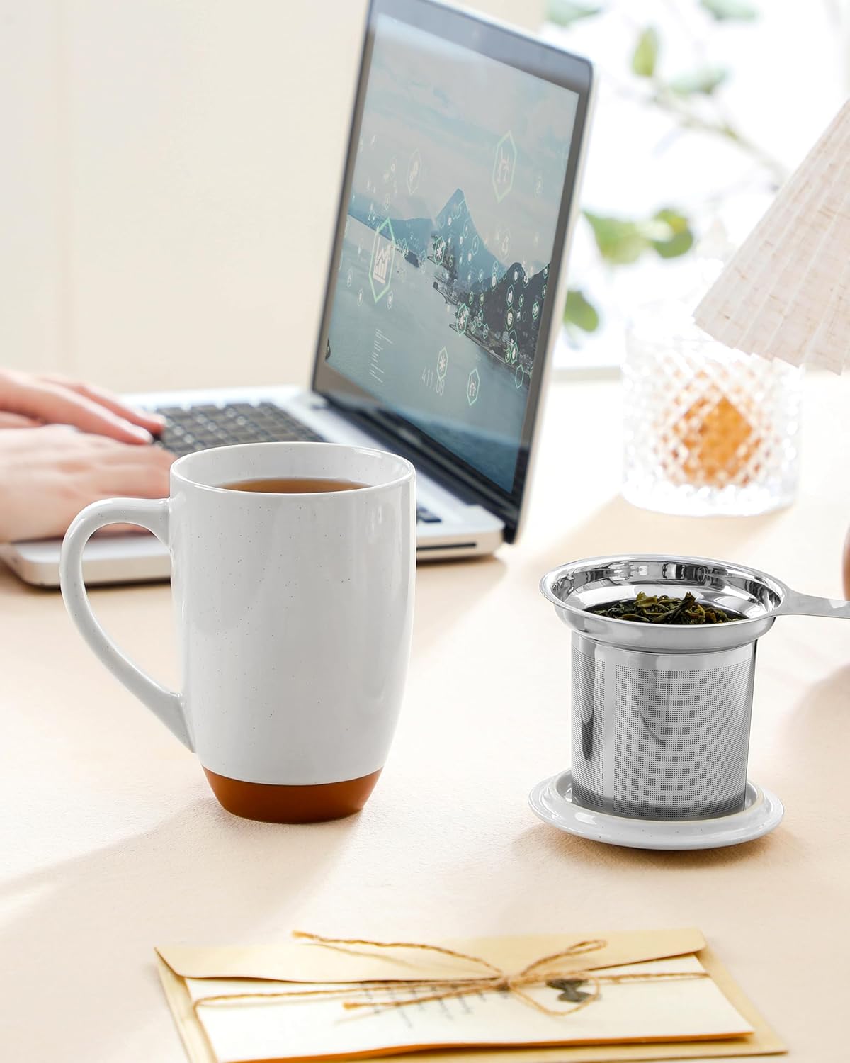 Ceramic Tea Mug with Lid and Stainless Steel Infuser, 18 oz Large Tea Cup for Loose Leaf Tea, Heat-Resistant, Microwave & Dishwasher Safe, Speckled Glaze Coffee & Tea Brewer Mug, Khaki White