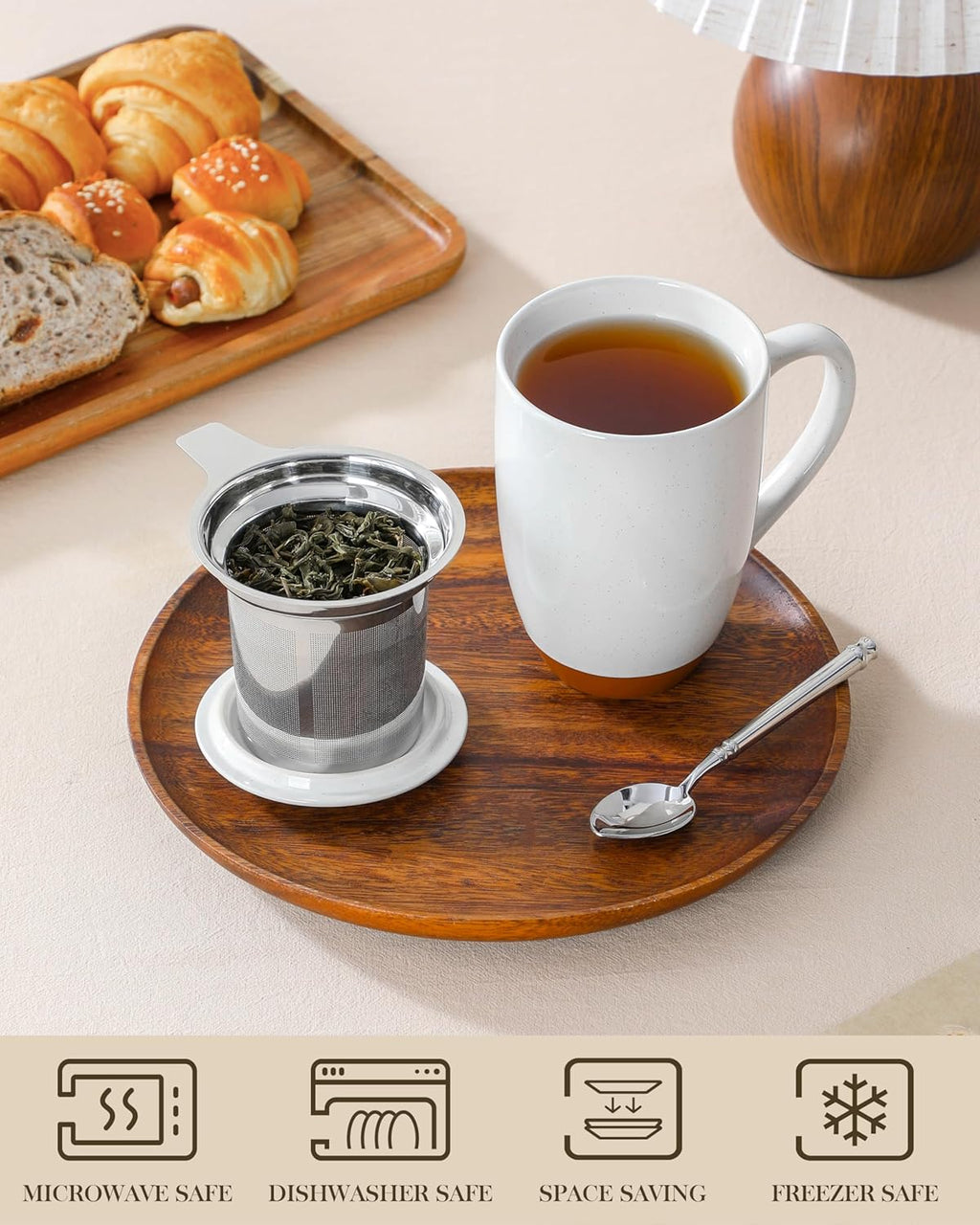 Ceramic Tea Mug with Lid and Stainless Steel Infuser, 18 oz Large Tea Cup for Loose Leaf Tea, Heat-Resistant, Microwave & Dishwasher Safe, Speckled Glaze Coffee & Tea Brewer Mug, Khaki White