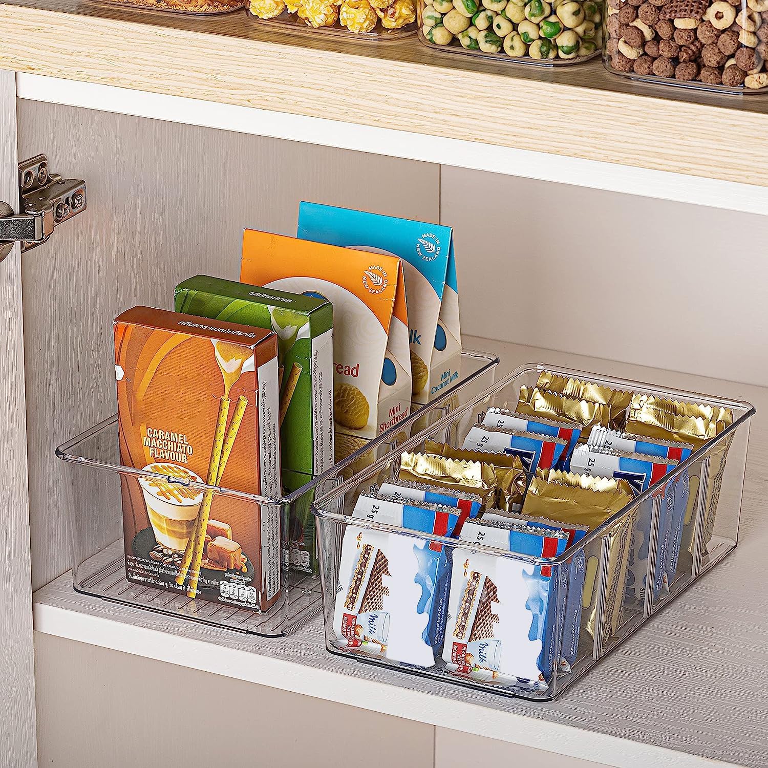 Food Storage Organizer Bins, Clear Plastic Bins for Pantry, Kitchen, Fridge, Cabinet Organization and Storage, 4 Compartment Holder for Packets, Snacks, Pouches, Spice Packets