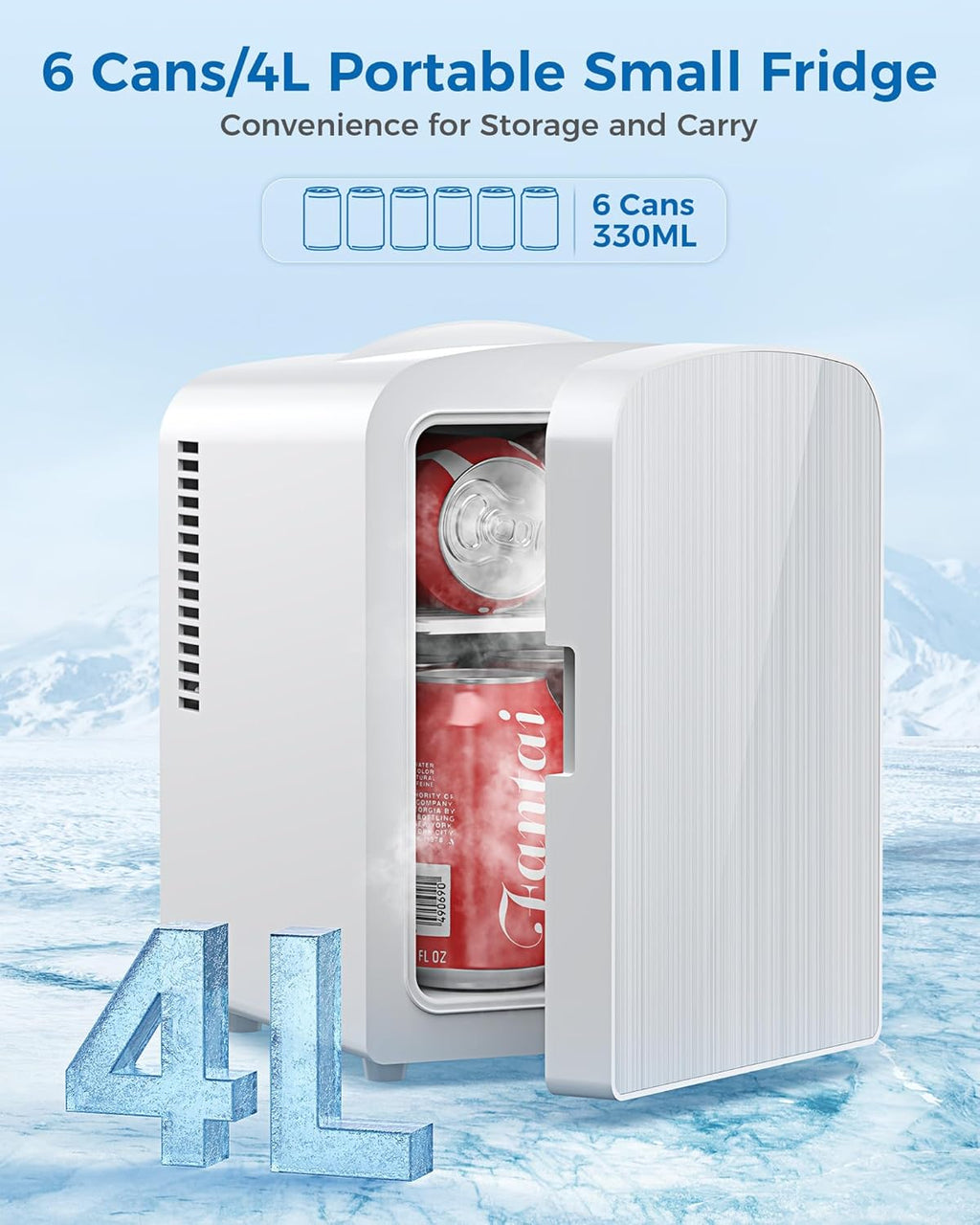 4L/6 Cans Mini Fridge, Portable Compact Refrigerator, Small Skin Care Fridge, Food and Drinks, Small Cooler for Bedroom, Dorm, Car, Office