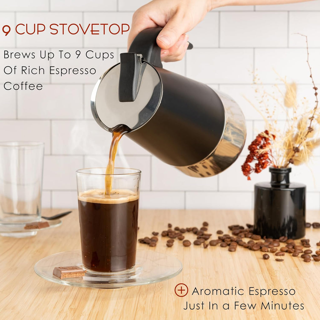 Mixpresso Black 9 Cup Greca Stovetop Espresso Pot 450ml/15oz, Moka Pot with Coffee Percolator Design, Stainless Steel Stove Top Coffee Maker for Camping or Home Use,Italian Stovetop Espresso Maker