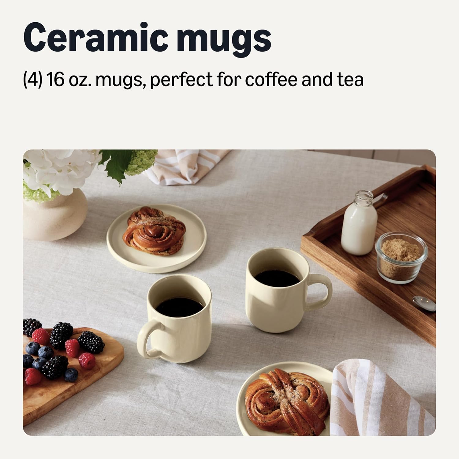 Glazed Stoneware Coffee Mugs, Ceramic 4-Piece Set, 16 oz, Microwave and Dishwasher-Safe, Ivory