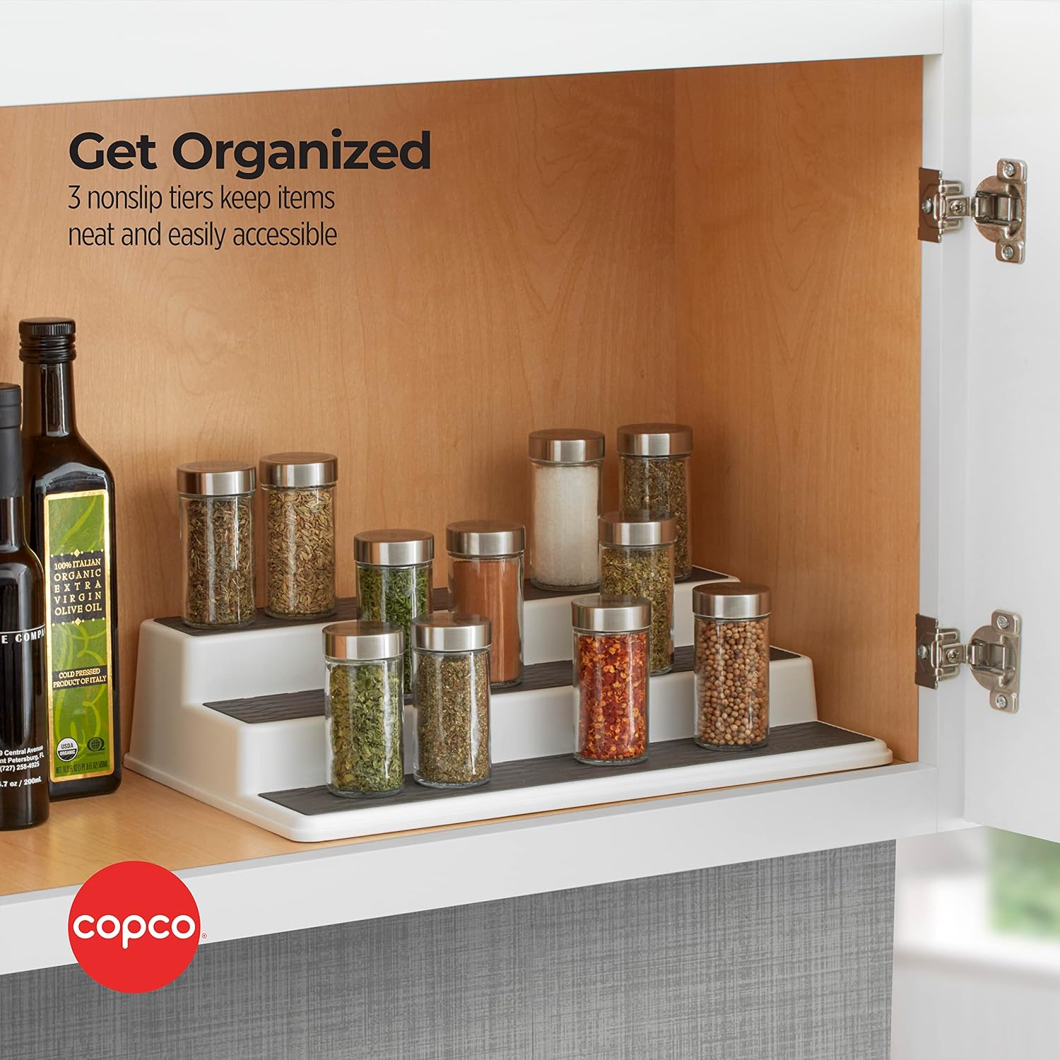3-Tier Non-Skid Spice Rack Organizer for Kitchen Cabinet or Pantry, 15-Inch Tiered Shelf, White/Gray, Slip-Resistant Design for Jars and Bottles