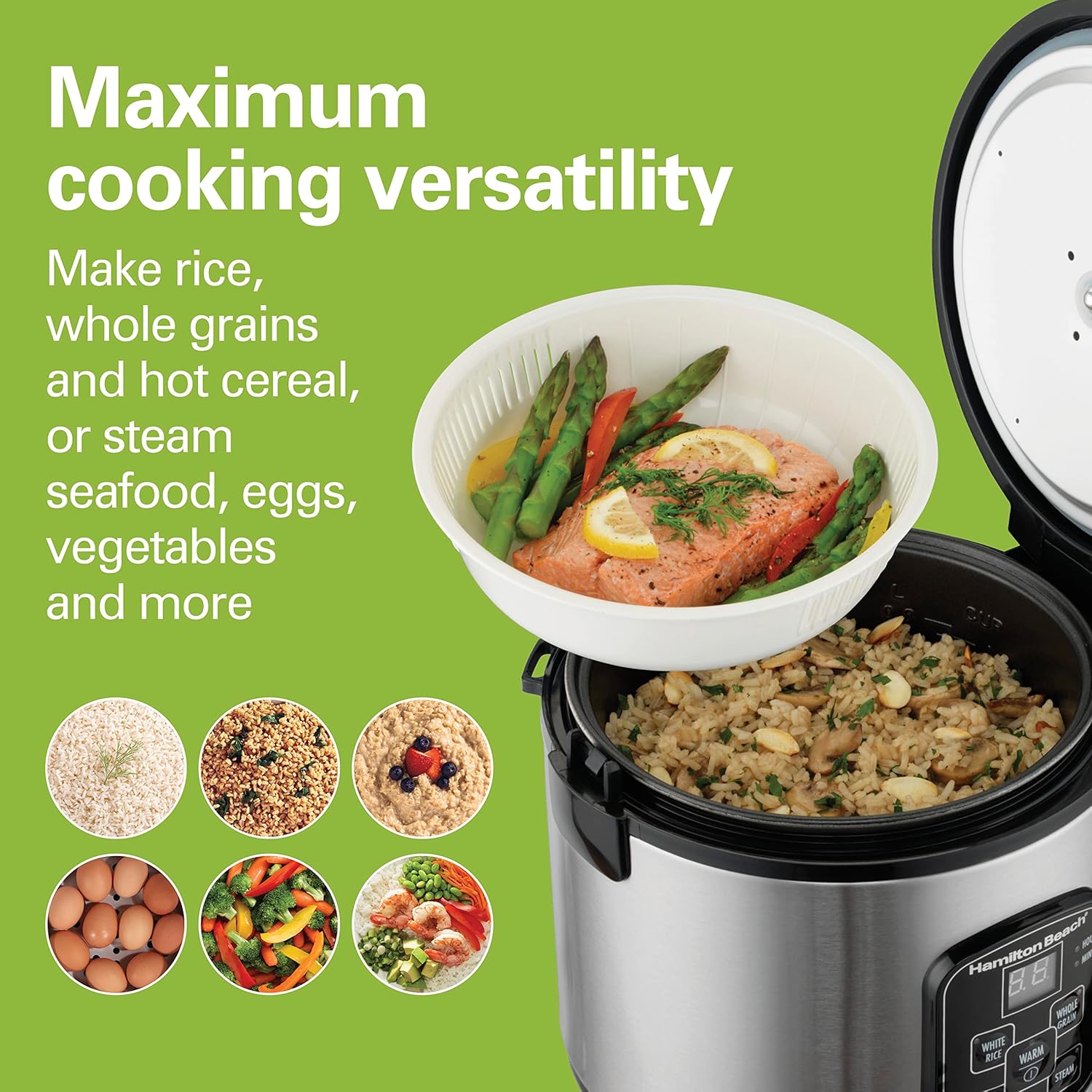 Digital Programmable Rice Cooker & Food Steamer, 8 Cups Cooked (4 Uncooked), With Steam & Rinse Basket, Stainless Steel