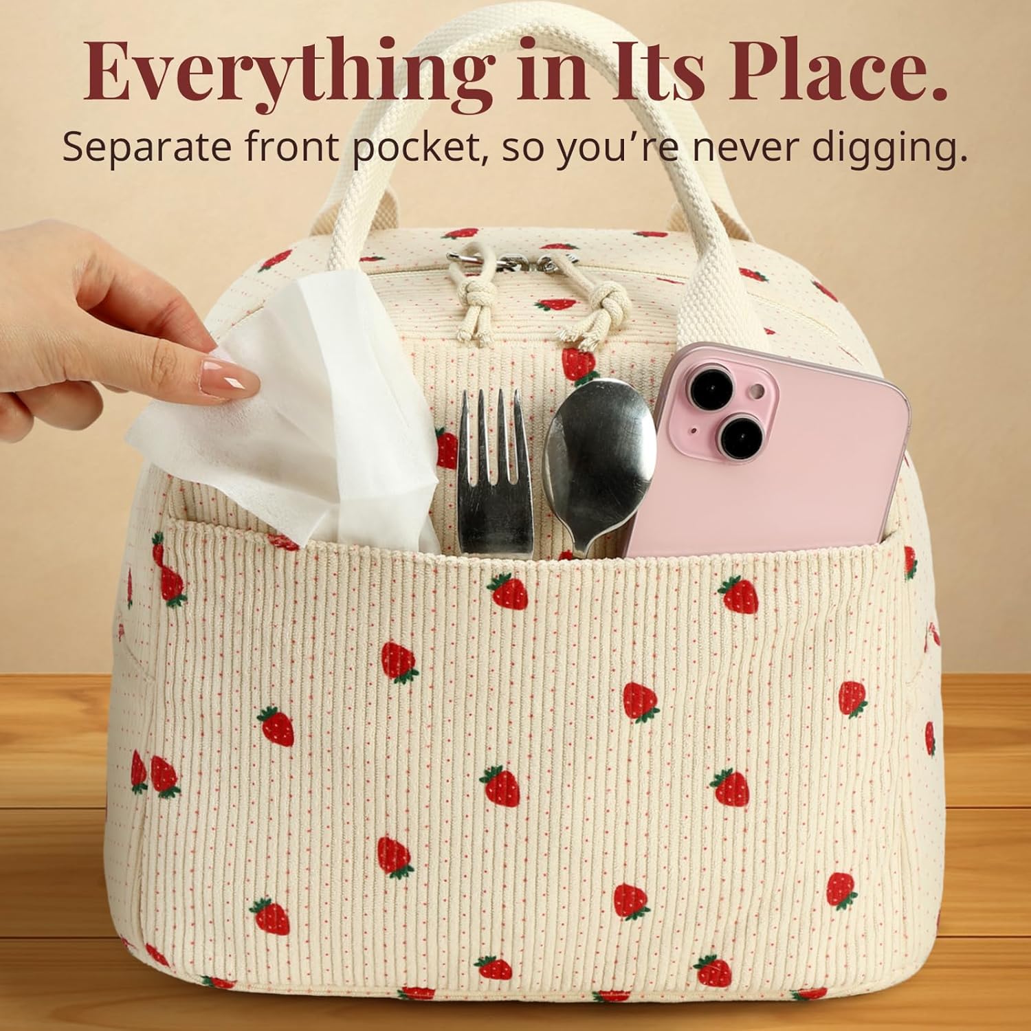 Insulated Strawberry Lunch Bag for Women, Stylish Corduroy Tote with Aluminum Lining, Large Capacity Reusable Cooler for Work, Travel, Beach or Picnic, Beige Cream Water-Resistant Lunch Box