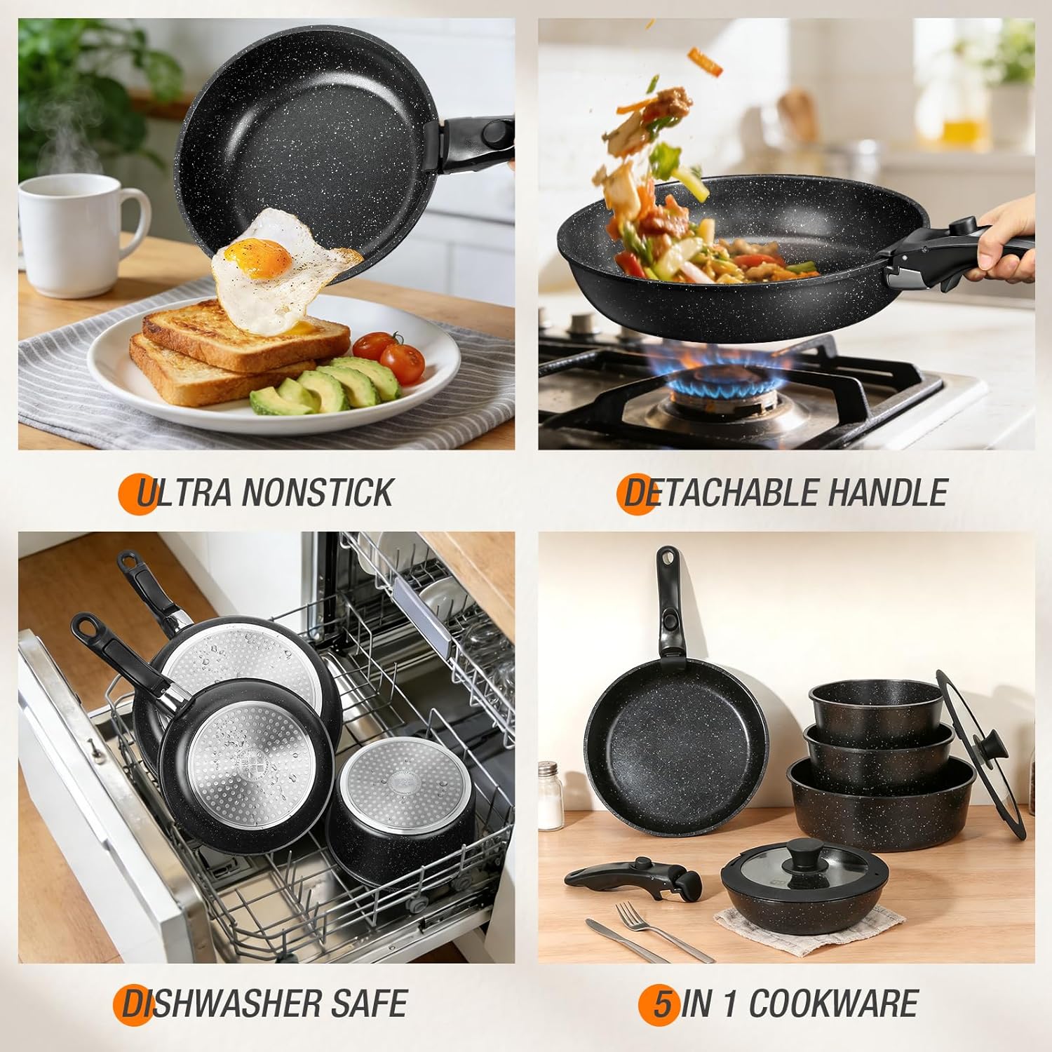 pots and Pans Set, Nonstick Cookware Set Detachable Handle, Induction Kitchen Cookware Sets with Removable Handle, Non Stick RV Cookware Set, Dishwasher ＆ Oven Safe (9 PCS)