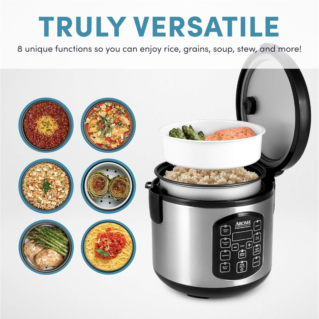 Professional Digital Rice Cooker, Multicooker, 4-Cup (Uncooked) / 8-Cup (Cooked), Steamer, Slow Cooker, Oatmeal Cooker, STS, Auto Keep Warm, 2 Qt, Stainless Steel