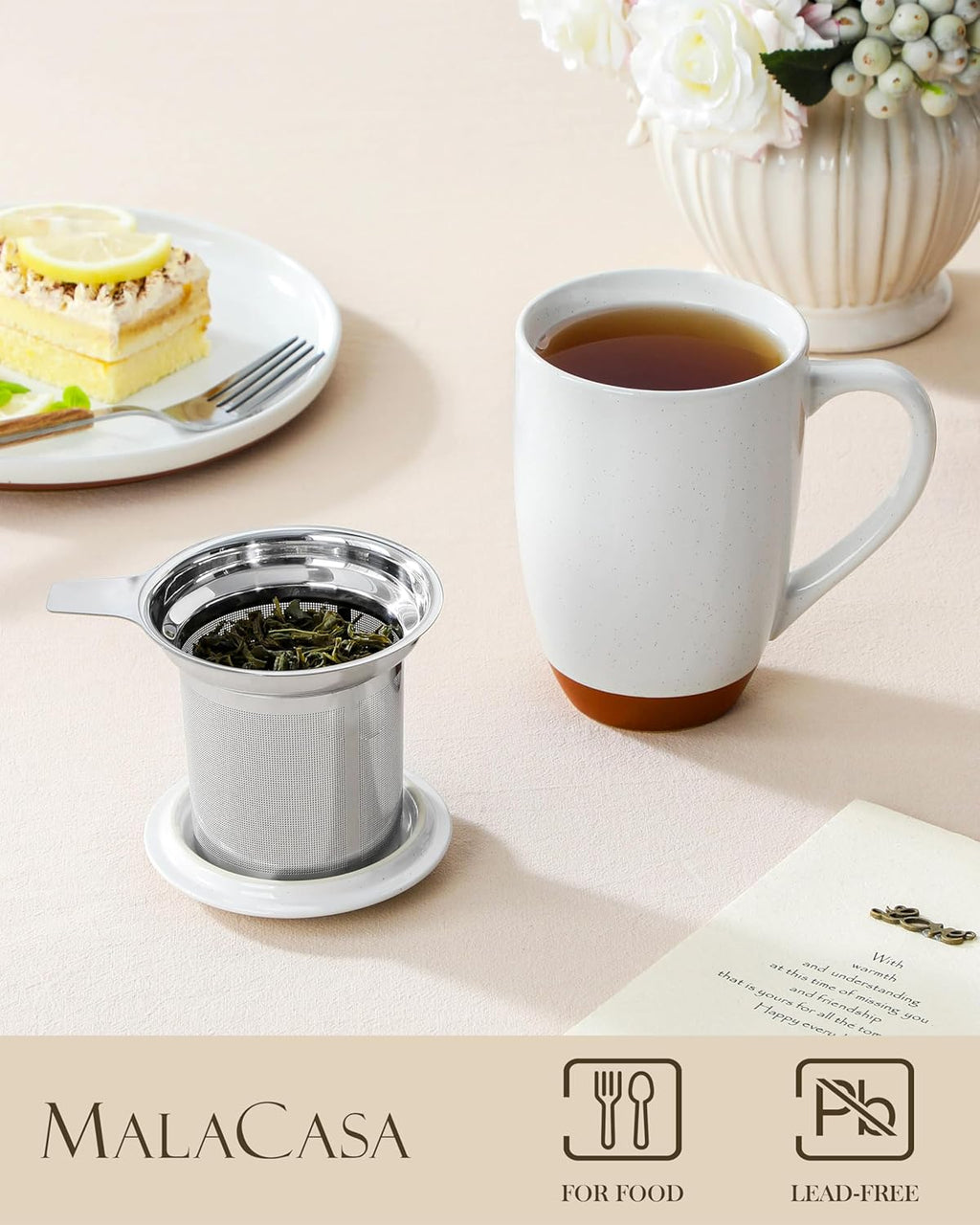 Ceramic Tea Mug with Lid and Stainless Steel Infuser, 18 oz Large Tea Cup for Loose Leaf Tea, Heat-Resistant, Microwave & Dishwasher Safe, Speckled Glaze Coffee & Tea Brewer Mug, Khaki White