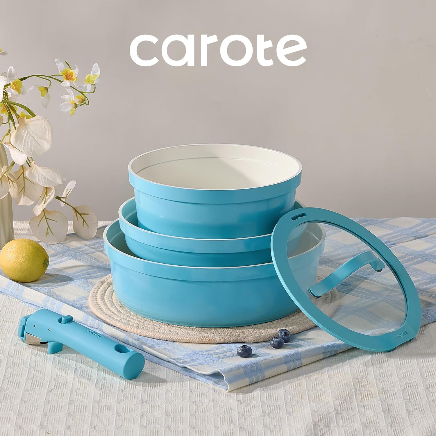 15pcs Pots and Pans Set,Ceramic Cookware Sets Non Stick with Detachable Handle, Induction Kitchen Pots and Pans,RV Cooking Set, Oven/Dishwasher/Fridge Safe, Space Saving