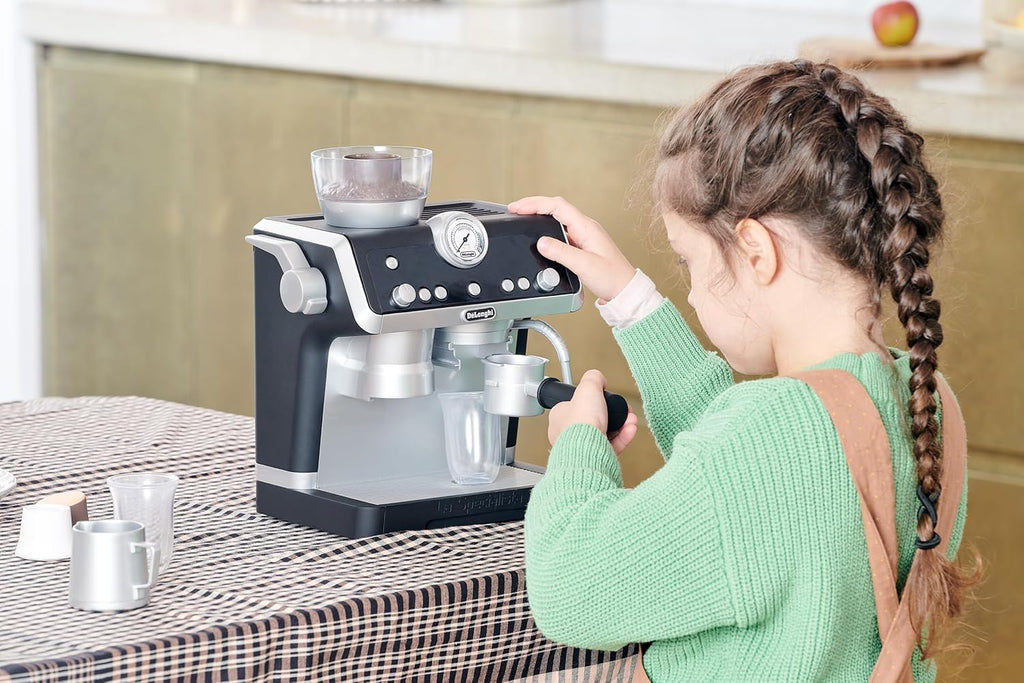 De'Longhi Toys Barista Coffee Machine. Toy Kitchen Playset for Kids with Moving Parts, Realistic Sounds and Magic Coffee Reveal. For Children Aged 3+, Silver, Black