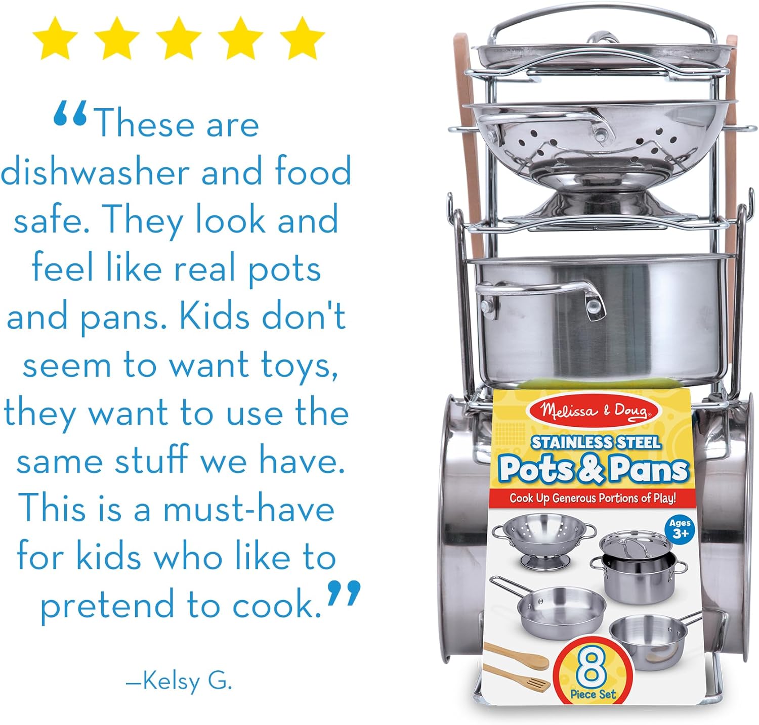 Stainless Steel Pots & Pans, 8 Piece Play Kitchen Set, Premium Play Kitchen Accessories & Cooking Utensils, Preschool Toys for Kids 3+