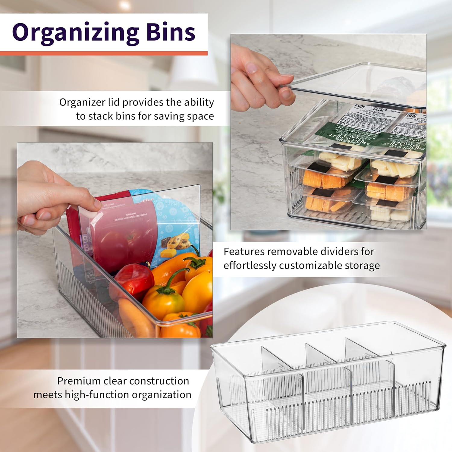 Pantry Organization and Storage Bins with Removable Dividers & Lids – Perfect Pantry Organizers or Kitchen Organization – Refrigerator Organizer Bins, Cabinet Organizers, 2 Pack